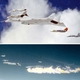 XB-70 Number 2 flies with four other aircraft powered by General Electric engines. Shortly after this top photo was taken, the pilot of the Lockheed F-104 Starfighter (second from right with red tail) lost control and flipped over the top of the Valkyrie, breaking off the vertical stabilizer and rendering the giant bomber uncontrollable. The F-104 pilot and one XB-70 pilot were killed.